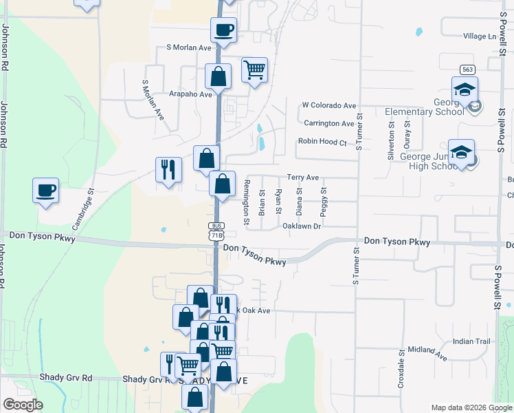 map of restaurants, bars, coffee shops, grocery stores, and more near 3420 Brian Street in Springdale