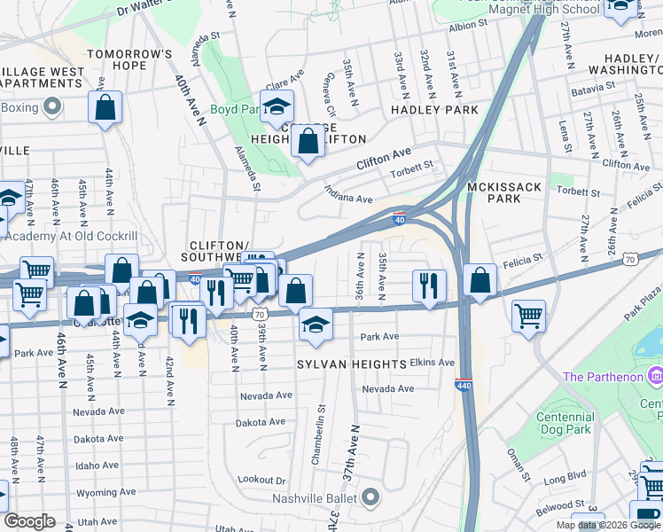 map of restaurants, bars, coffee shops, grocery stores, and more near 435 37th Avenue North in Nashville