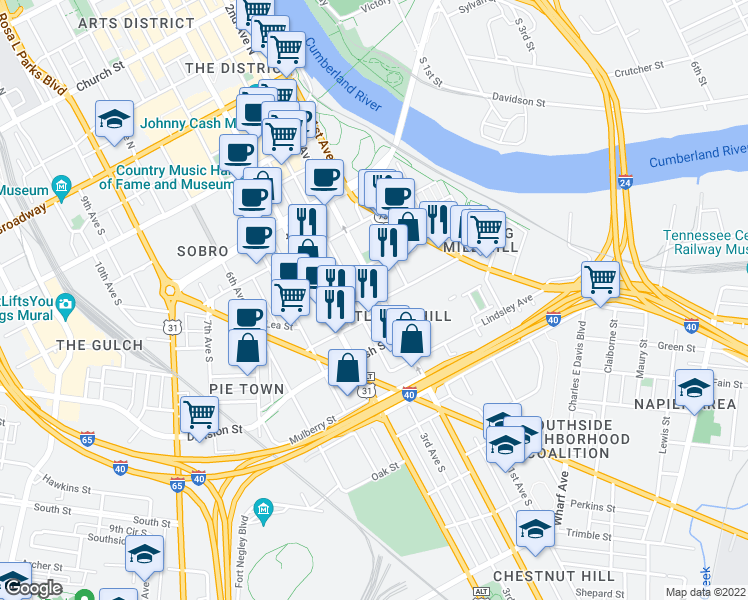 map of restaurants, bars, coffee shops, grocery stores, and more near 625 2nd Avenue South in Nashville