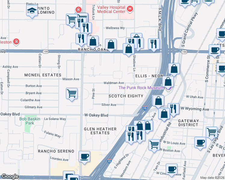 map of restaurants, bars, coffee shops, grocery stores, and more near 1451 Birch Street in Las Vegas