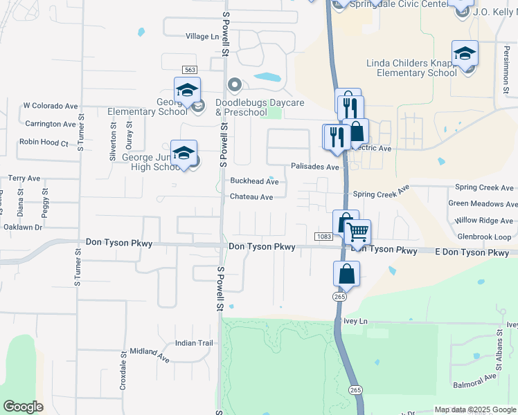 map of restaurants, bars, coffee shops, grocery stores, and more near 3427 Sweetgum Lane in Springdale