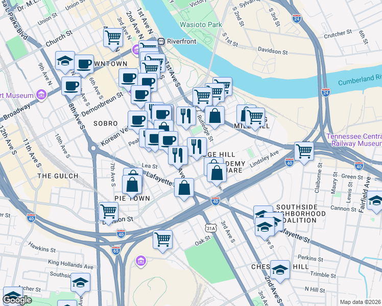 map of restaurants, bars, coffee shops, grocery stores, and more near 622 3rd Avenue South in Nashville