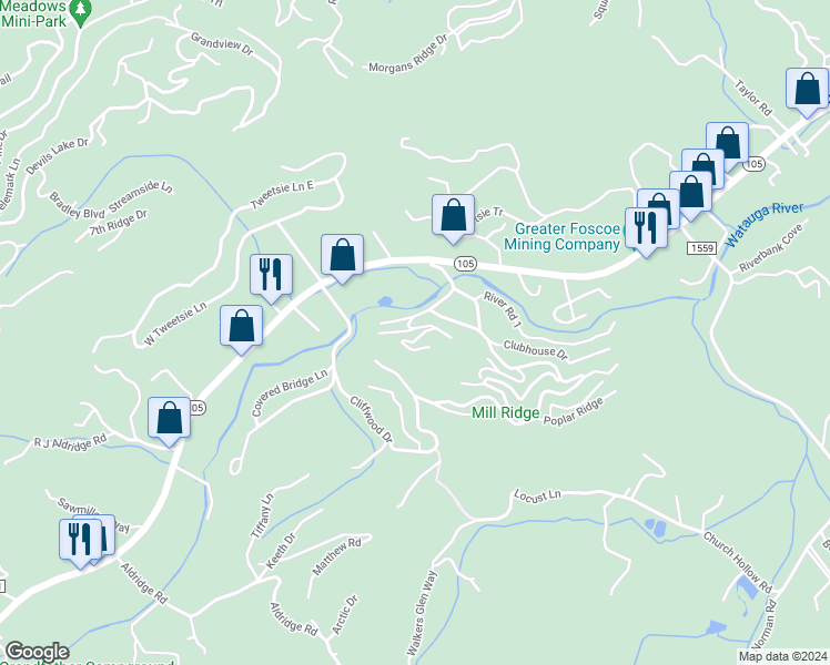 map of restaurants, bars, coffee shops, grocery stores, and more near 136 Fox Den Lane in Banner Elk