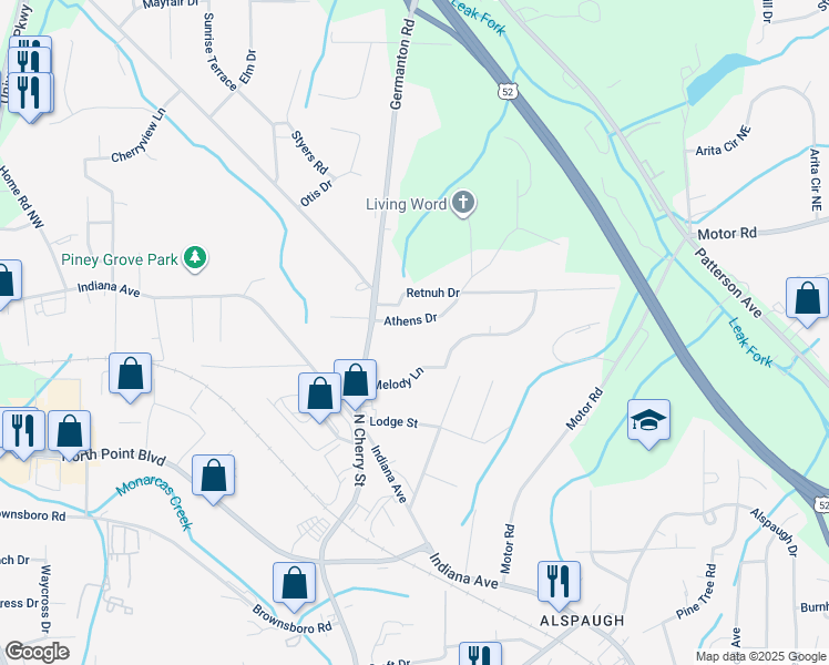 map of restaurants, bars, coffee shops, grocery stores, and more near 139 Athens Drive in Winston-Salem