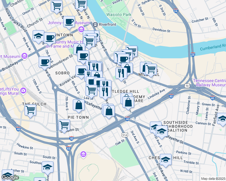 map of restaurants, bars, coffee shops, grocery stores, and more near 615 3rd Avenue South in Nashville