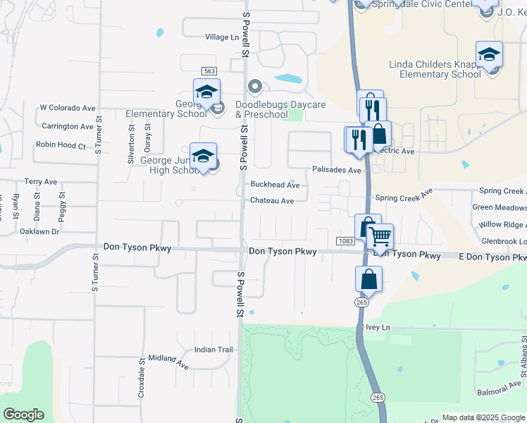map of restaurants, bars, coffee shops, grocery stores, and more near 3425 Acorn Falls Lane in Springdale