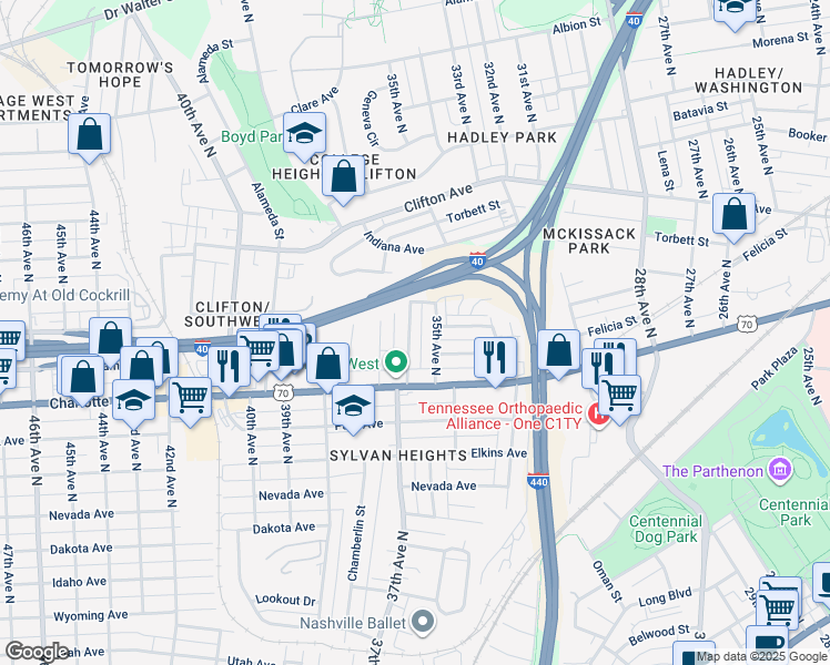 map of restaurants, bars, coffee shops, grocery stores, and more near 502 36th Avenue North in Nashville