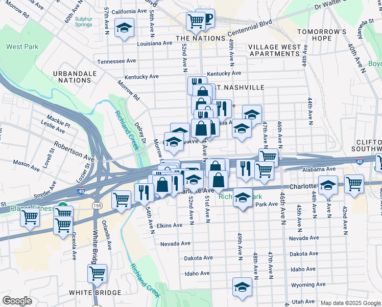 map of restaurants, bars, coffee shops, grocery stores, and more near 5110 Delaware Avenue in Nashville