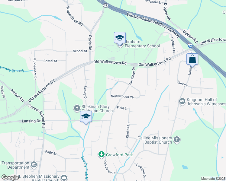 map of restaurants, bars, coffee shops, grocery stores, and more near 67 Northwoods Circle in Winston-Salem