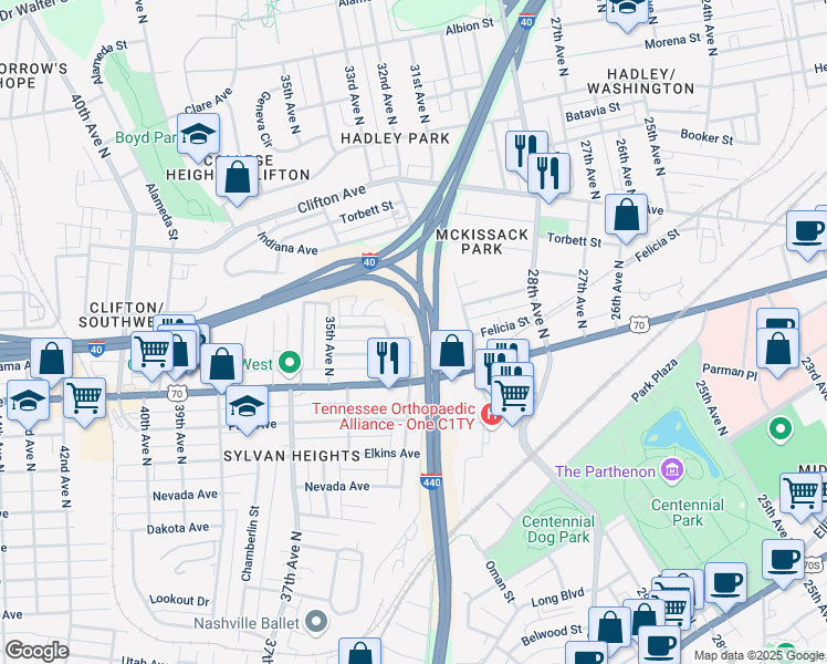 map of restaurants, bars, coffee shops, grocery stores, and more near 600 33rd Avenue North in Nashville