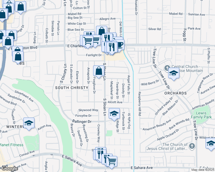 map of restaurants, bars, coffee shops, grocery stores, and more near 1560 South Sloan Lane in Las Vegas