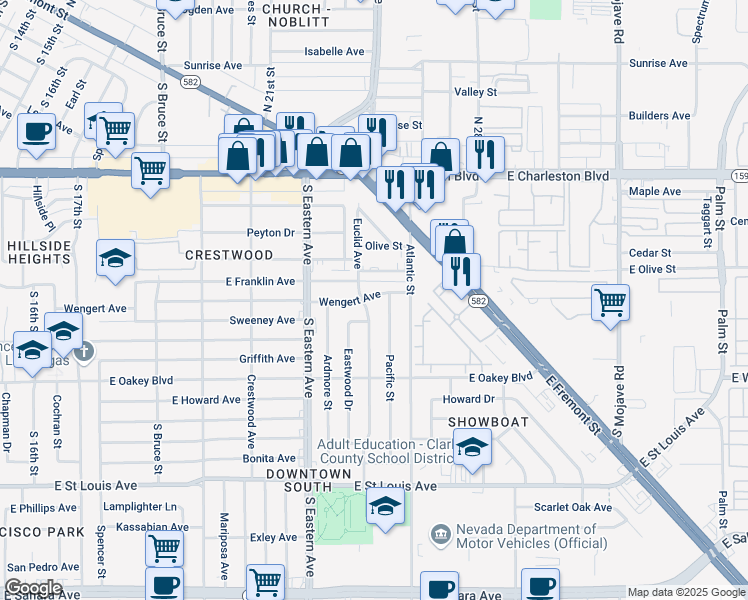 map of restaurants, bars, coffee shops, grocery stores, and more near 2204 Wengert Avenue in Las Vegas
