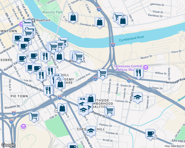 map of restaurants, bars, coffee shops, grocery stores, and more near 4 Berrien Street in Nashville