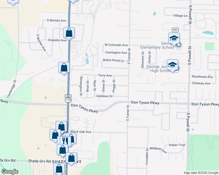 map of restaurants, bars, coffee shops, grocery stores, and more near 303 West Edmondson Avenue in Springdale