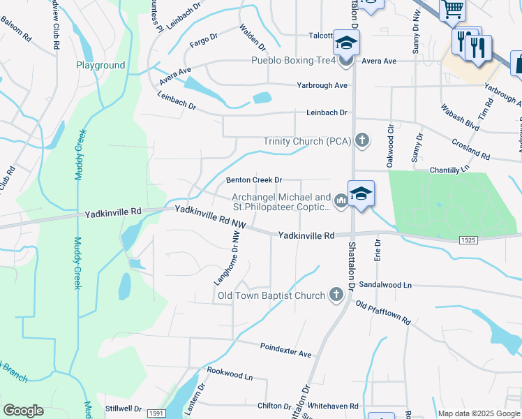 map of restaurants, bars, coffee shops, grocery stores, and more near 4617 Bay Creek Drive in Winston-Salem