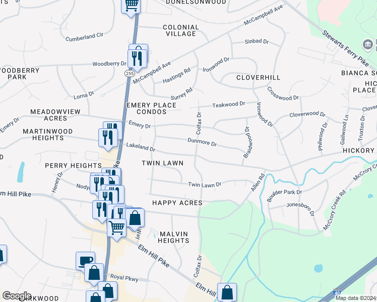 map of restaurants, bars, coffee shops, grocery stores, and more near 2842 Lakeland Drive in Nashville