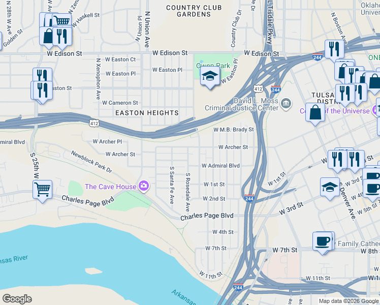 map of restaurants, bars, coffee shops, grocery stores, and more near 21 North Rosedale Avenue in Tulsa