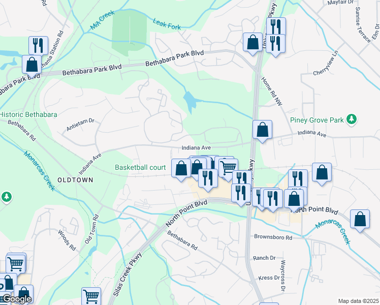map of restaurants, bars, coffee shops, grocery stores, and more near 5150 Indiana Avenue in Winston-Salem