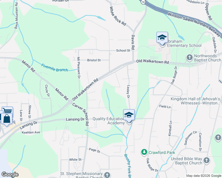 map of restaurants, bars, coffee shops, grocery stores, and more near 5101 Fredonia Avenue in Winston-Salem