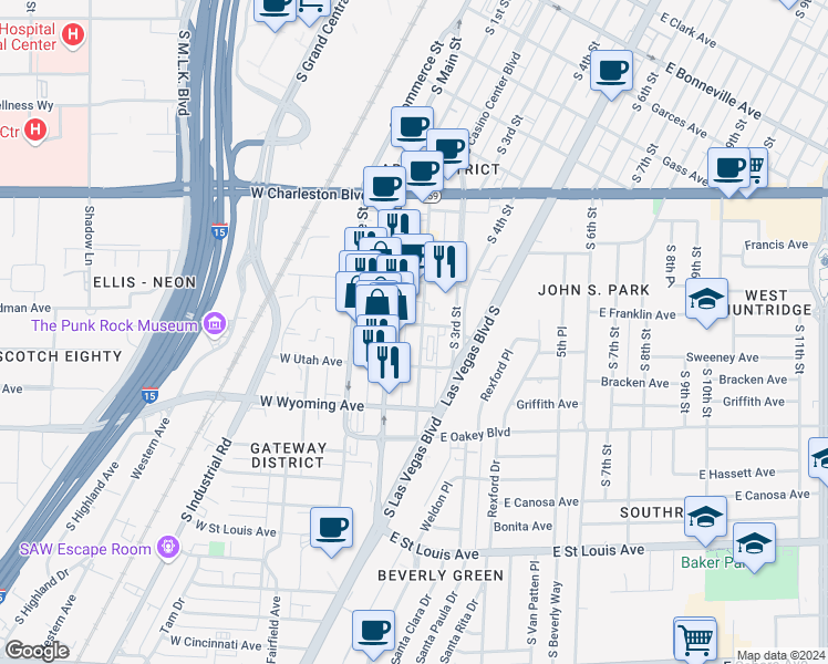 map of restaurants, bars, coffee shops, grocery stores, and more near 1401 South Main Street in Las Vegas