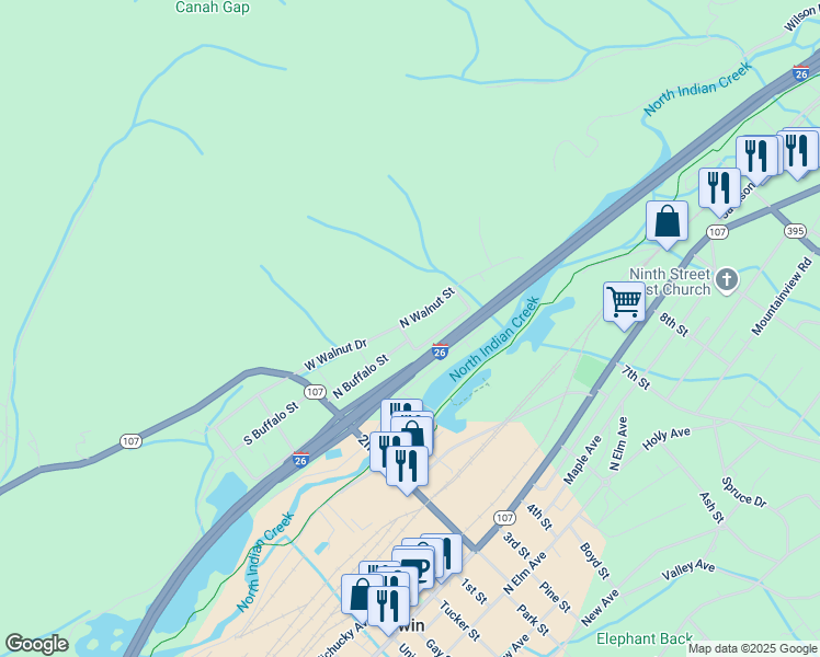 map of restaurants, bars, coffee shops, grocery stores, and more near 1113 Valley Drive in Erwin