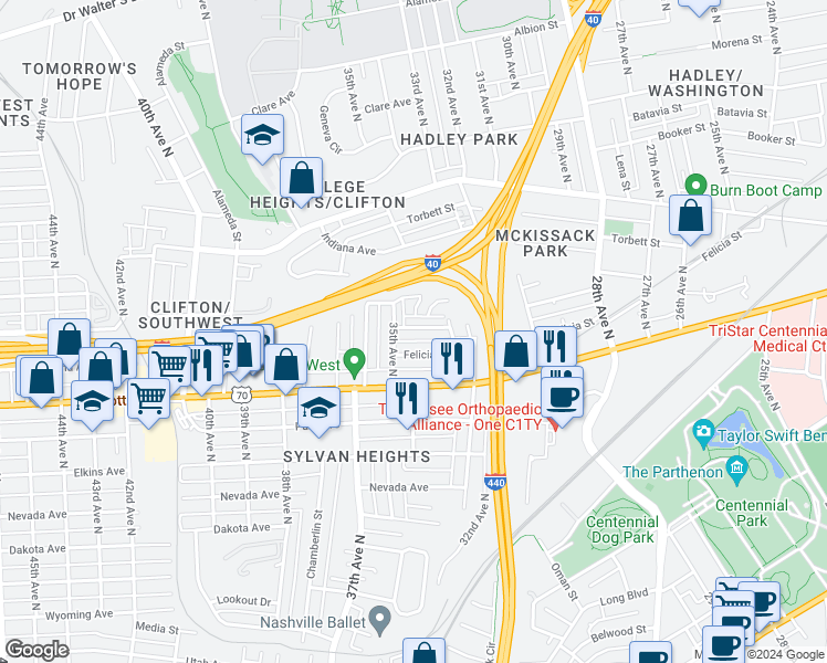 map of restaurants, bars, coffee shops, grocery stores, and more near 3316 Trevor Street in Nashville