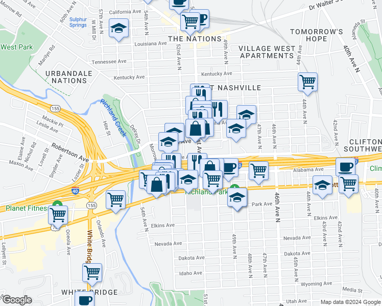 map of restaurants, bars, coffee shops, grocery stores, and more near 5110 Delaware Avenue in Nashville