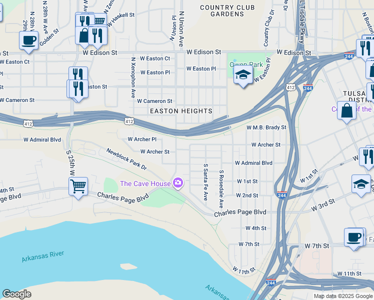 map of restaurants, bars, coffee shops, grocery stores, and more near 24 North Tacoma Avenue in Tulsa