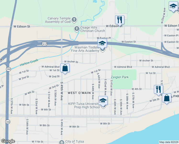 map of restaurants, bars, coffee shops, grocery stores, and more near 4405 West 1st Street in Tulsa