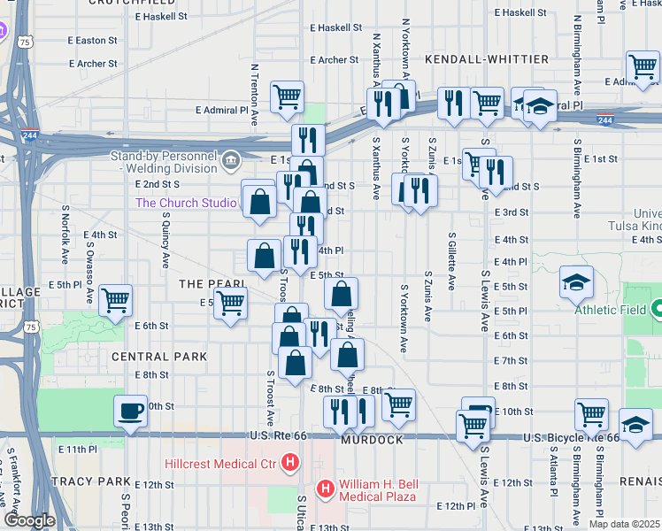 map of restaurants, bars, coffee shops, grocery stores, and more near 419 South Victor Avenue in Tulsa