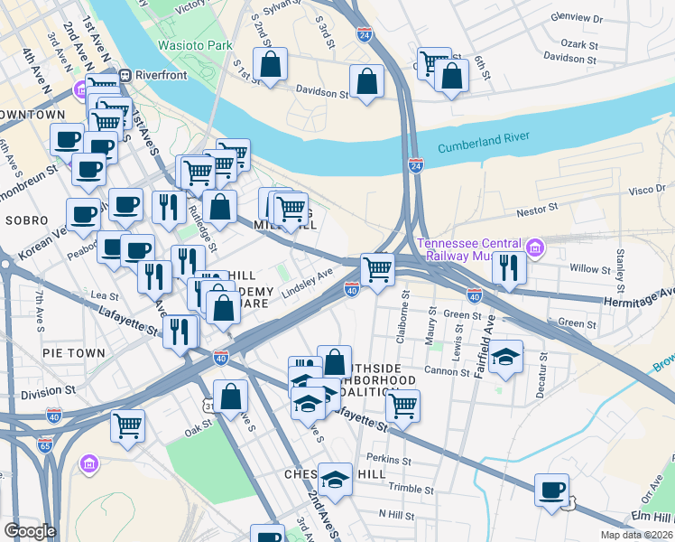 map of restaurants, bars, coffee shops, grocery stores, and more near 4 Berrien Street in Nashville