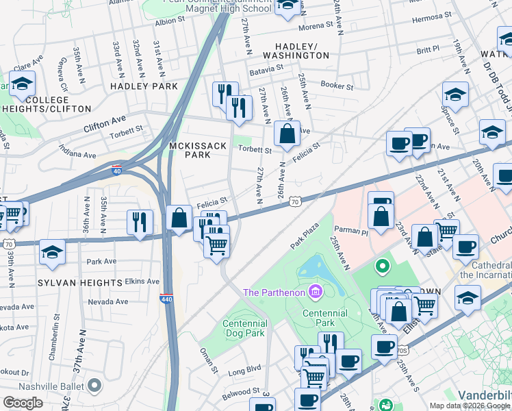 map of restaurants, bars, coffee shops, grocery stores, and more near 2700 Charlotte Avenue in Nashville