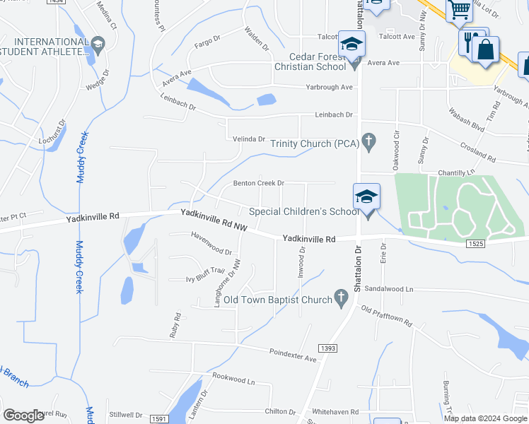 map of restaurants, bars, coffee shops, grocery stores, and more near 4617 Bay Creek Drive in Winston-Salem
