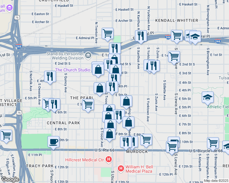 map of restaurants, bars, coffee shops, grocery stores, and more near 433 South Utica Avenue in Tulsa
