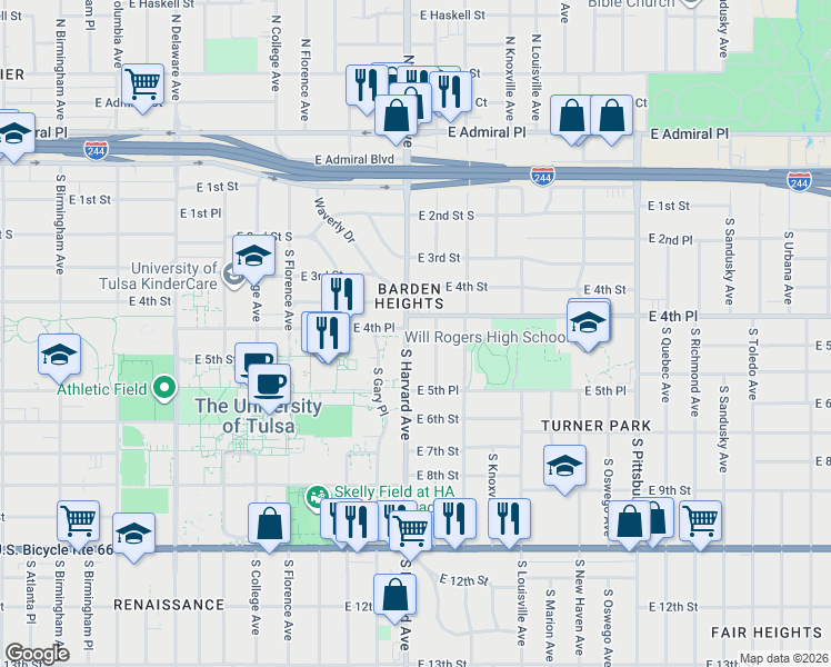 map of restaurants, bars, coffee shops, grocery stores, and more near 441 South Harvard Avenue in Tulsa