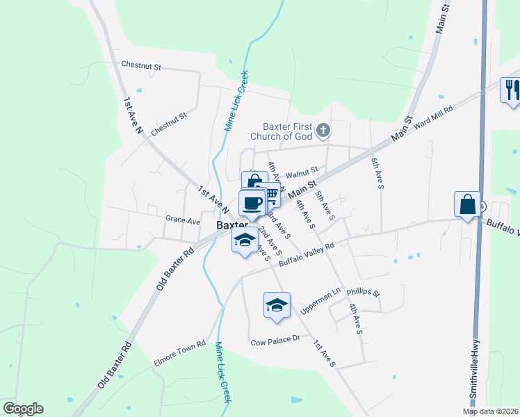 map of restaurants, bars, coffee shops, grocery stores, and more near 226 Main Street in Baxter