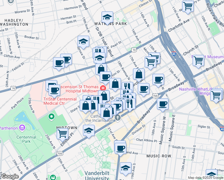 map of restaurants, bars, coffee shops, grocery stores, and more near 1913 State Street in Nashville