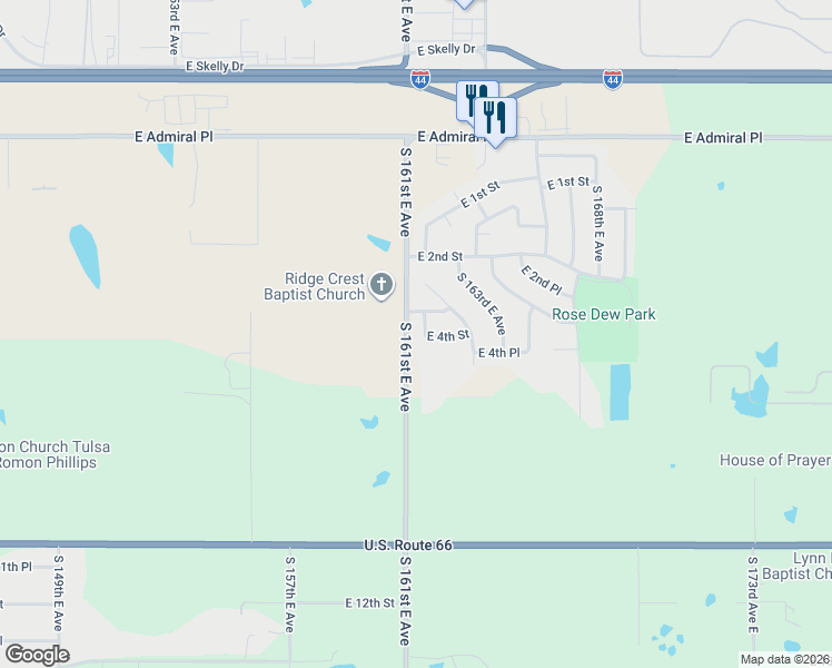 map of restaurants, bars, coffee shops, grocery stores, and more near 318 South 161st East Place in Tulsa