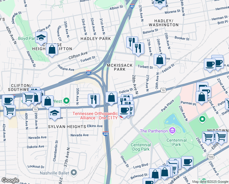 map of restaurants, bars, coffee shops, grocery stores, and more near 415 31st Avenue North in Nashville