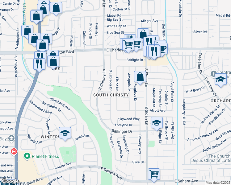 map of restaurants, bars, coffee shops, grocery stores, and more near 1559 Elaine Drive in Las Vegas