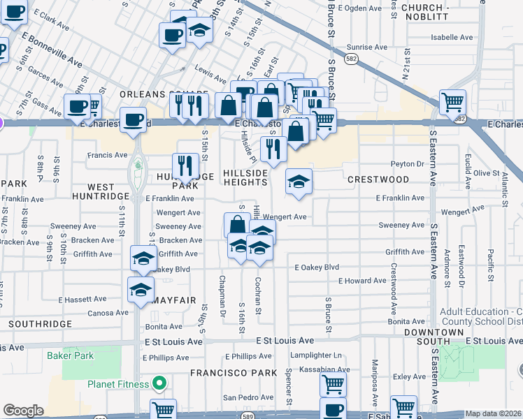map of restaurants, bars, coffee shops, grocery stores, and more near 1309 Hillside Pl in Las Vegas