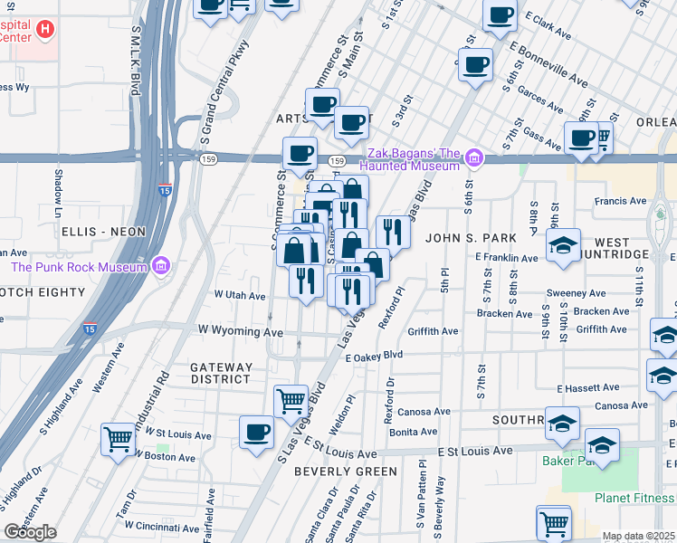 map of restaurants, bars, coffee shops, grocery stores, and more near 1401 South Casino Center Boulevard in Las Vegas