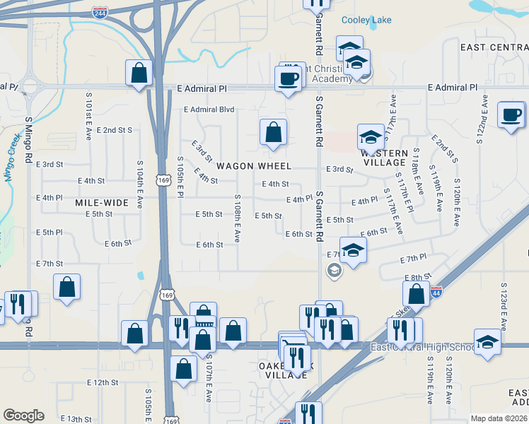 map of restaurants, bars, coffee shops, grocery stores, and more near 10915 East 5th Street in Tulsa