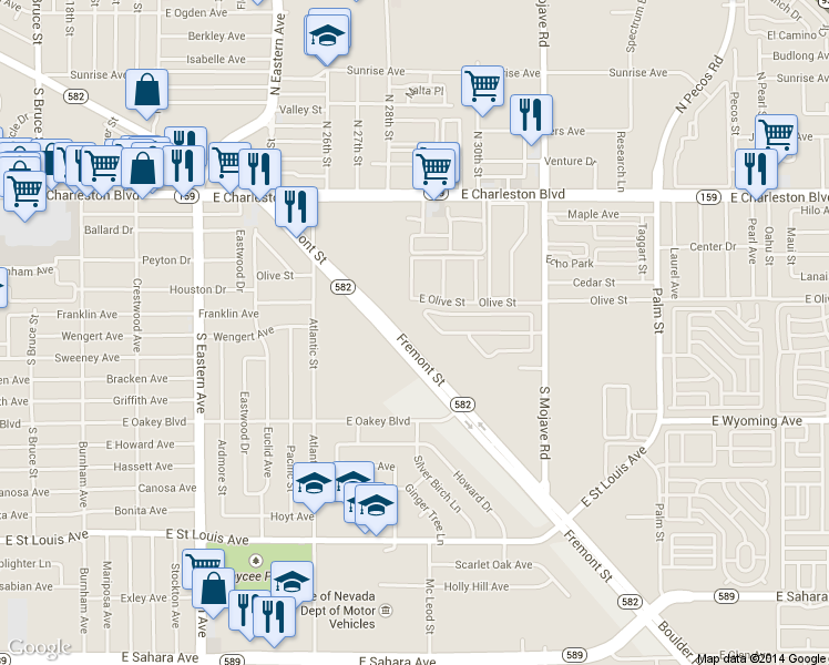 map of restaurants, bars, coffee shops, grocery stores, and more near 2875 East Fremont Street in Las Vegas