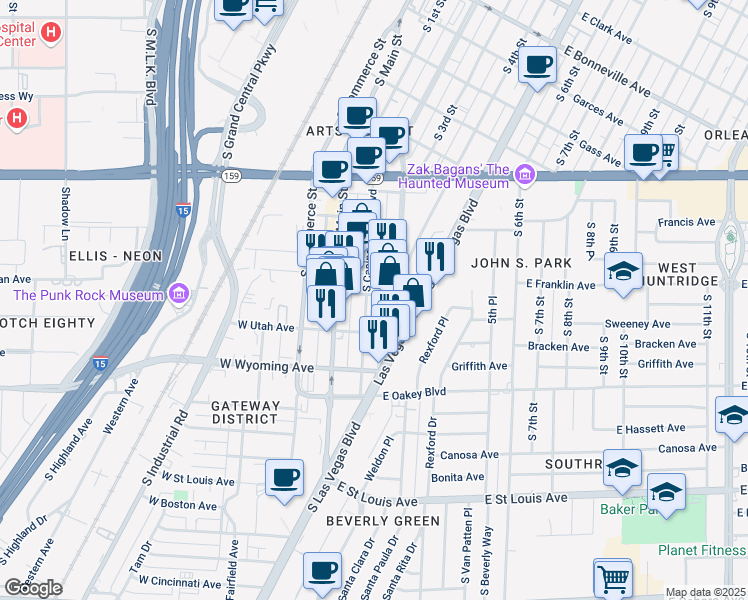 map of restaurants, bars, coffee shops, grocery stores, and more near 1401 South Casino Center Boulevard in Las Vegas
