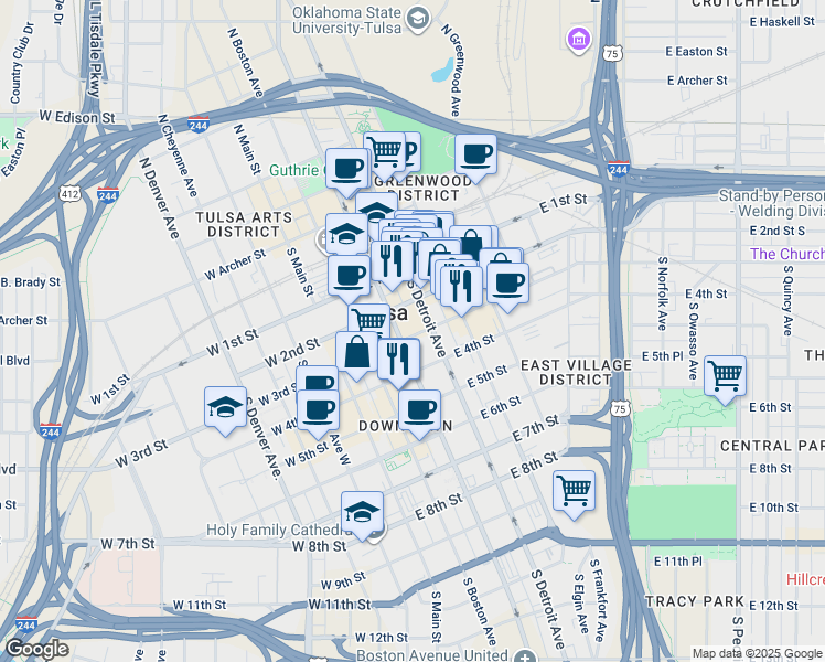 map of restaurants, bars, coffee shops, grocery stores, and more near 281 South Cincinnati Avenue in Tulsa