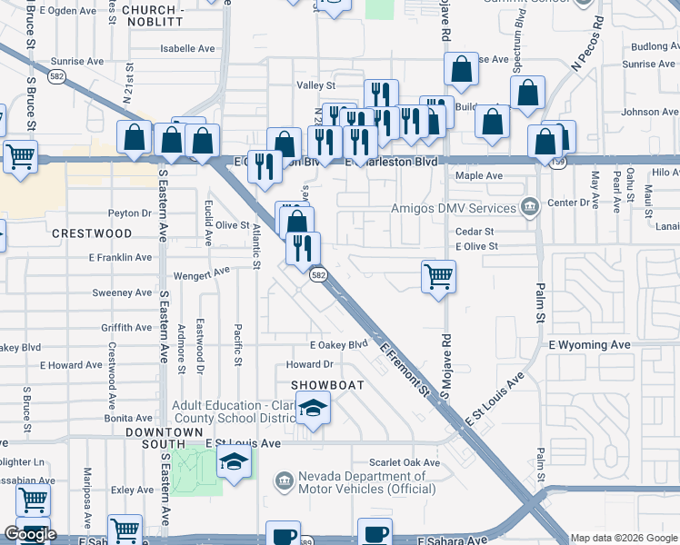 map of restaurants, bars, coffee shops, grocery stores, and more near 2875 East Fremont Street in Las Vegas