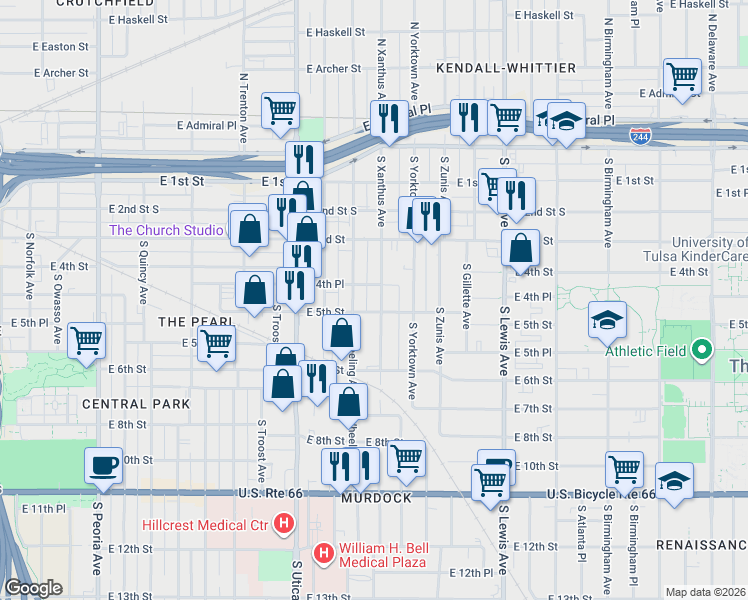 map of restaurants, bars, coffee shops, grocery stores, and more near 416 South Xanthus Avenue in Tulsa
