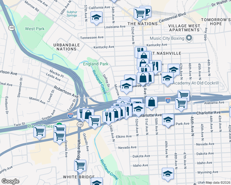 map of restaurants, bars, coffee shops, grocery stores, and more near 607 Morrow Road in Nashville