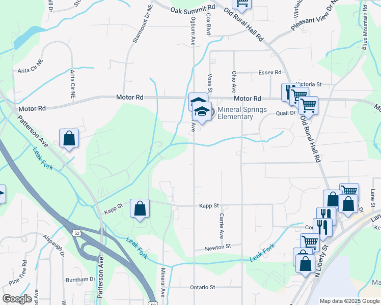 map of restaurants, bars, coffee shops, grocery stores, and more near 4498 Ogburn Avenue in Winston-Salem